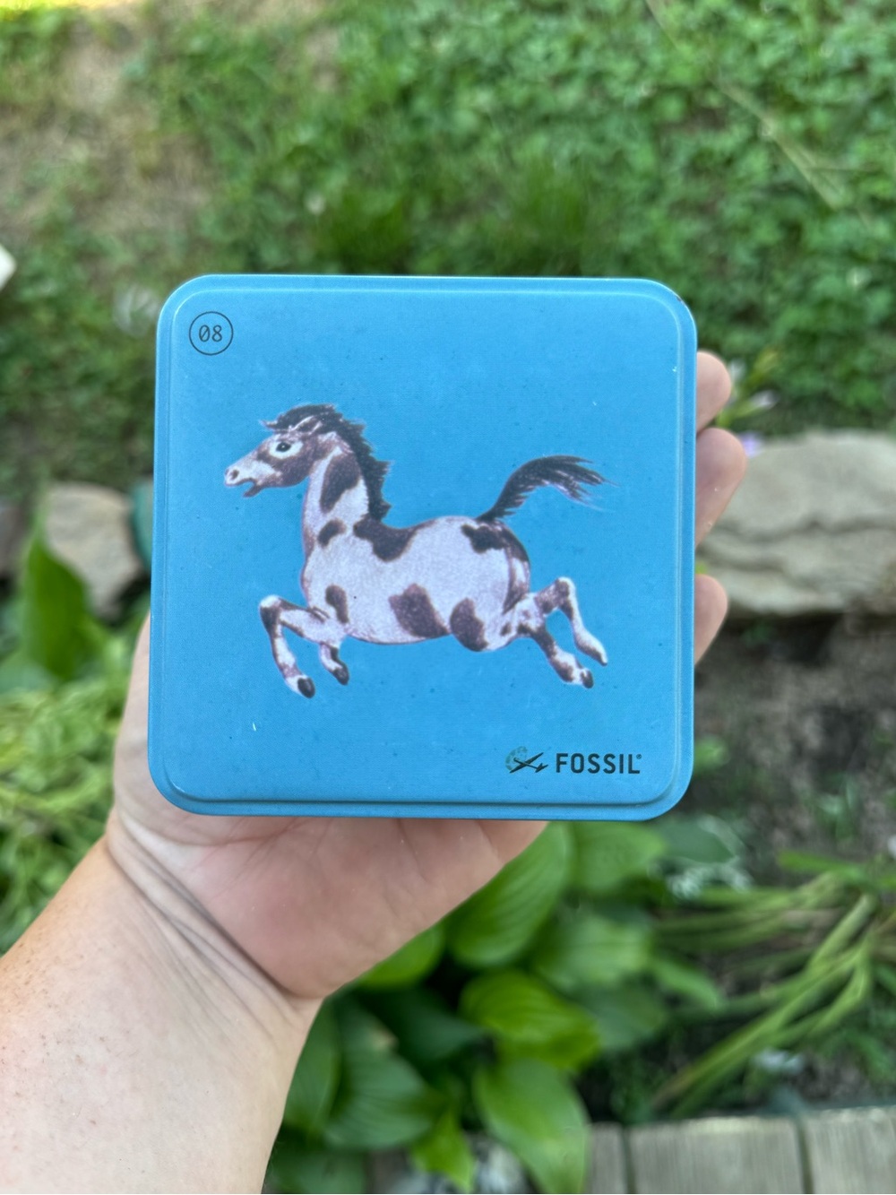 Vintage Fossil Turquoise Tin with Galloping Horse